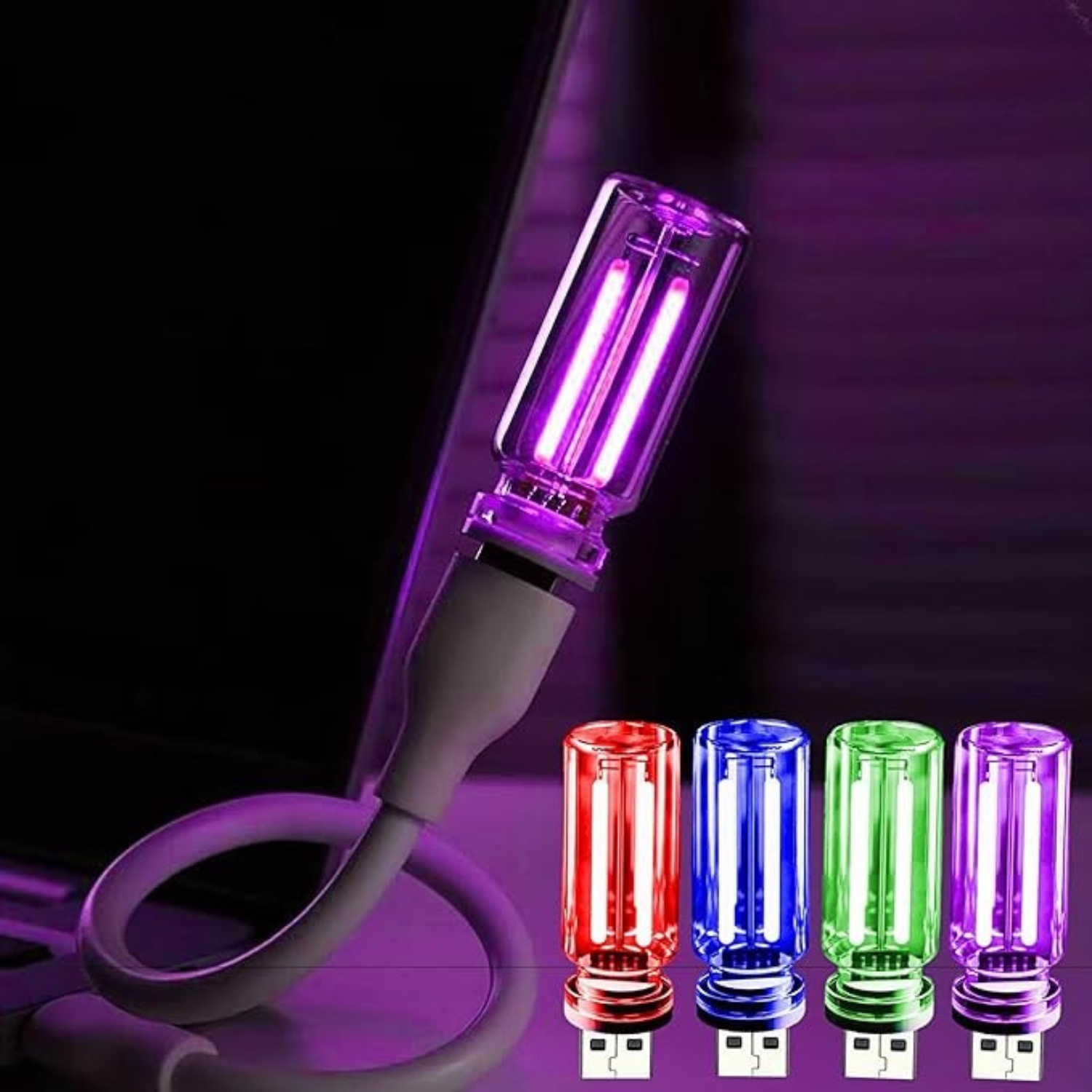 4-Pack USB Mini LED Night Lights - RGB Ambient Glass Lamps with Touch Control & Dimmable Brightness - Portable Decorative Lighting for Cars, Laptops, and Bedrooms (Red, Blue, Purple, Green)