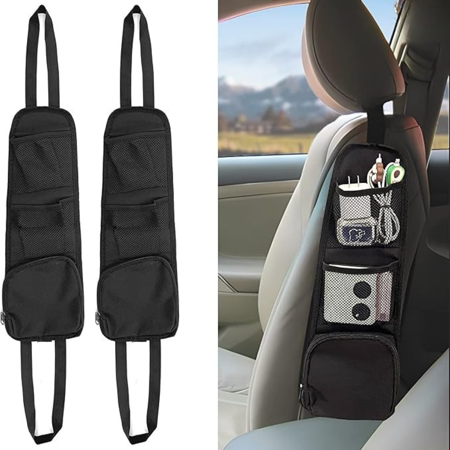 2-Pack Car Seat Side Hanging Storage Bags - Multi-Pocket Mesh Organizer for Mobile Phones, Wallets, and Essentials