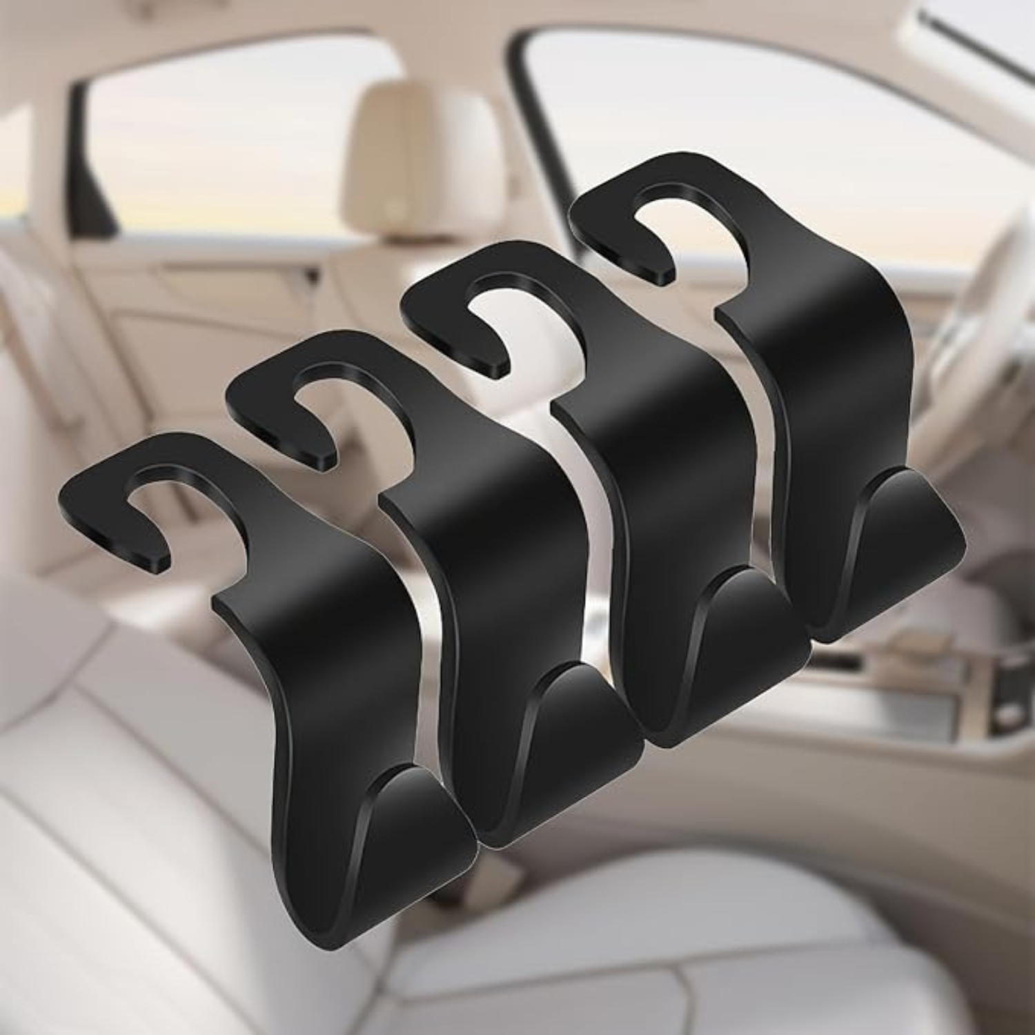 4-Pack Universal Car Seat Headrest Hooks - 360° Rotating Hanger Organizer for Handbags, Coats, and Groceries - Black